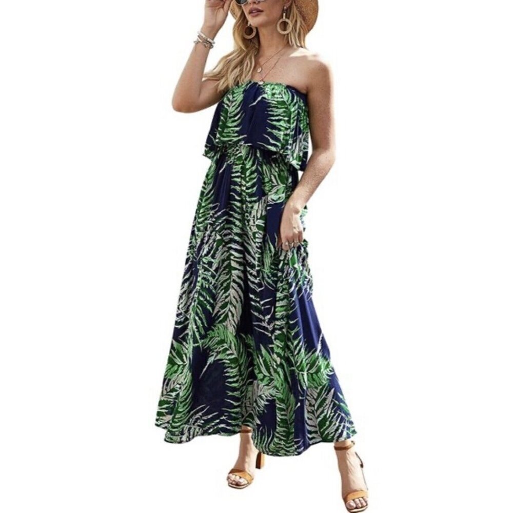 Yidarton strapless tropical leaf maxi dress size small
